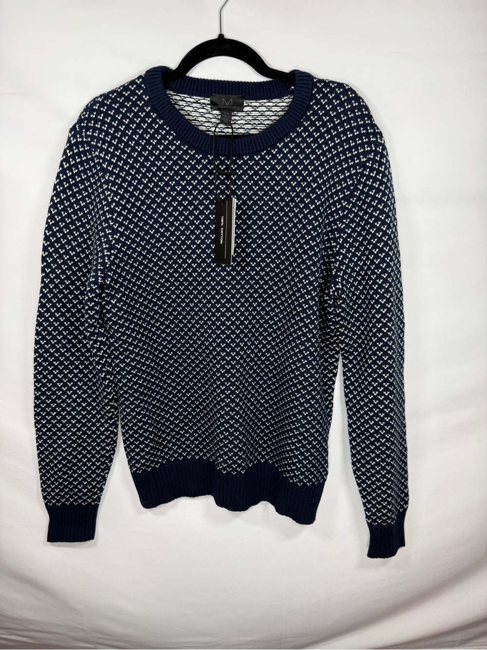 Magaschoni Men’s Small NWT Crewneck Sweater Blue White Geometric Cotton S